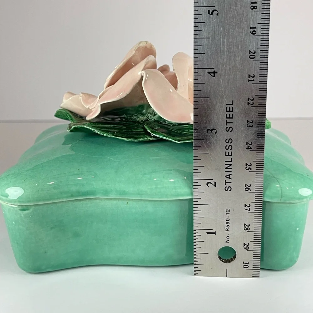 Vintage turquoise porcelain pink roses trinket jewelry box
